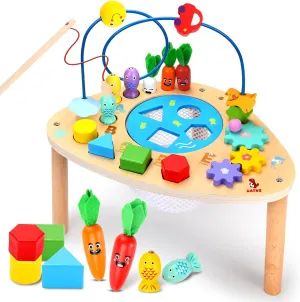 oathx Activity Table for 1  Year Old, 6 in 1 Wooden Montessori Standing Center with Bead Maze Shape Sorter Fishing Game, 12 Months Baby Sensory Table Toddler Toy, 1st Birthday Gifts for Boys Girls