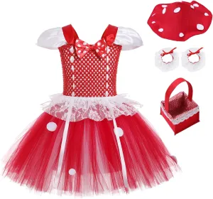 OBEEII Kids Girls Mushroom Halloween Costume Crochet Bodice Tulle Tutu Dress Headband Bag Set Carnival Fancy Dress Outfit