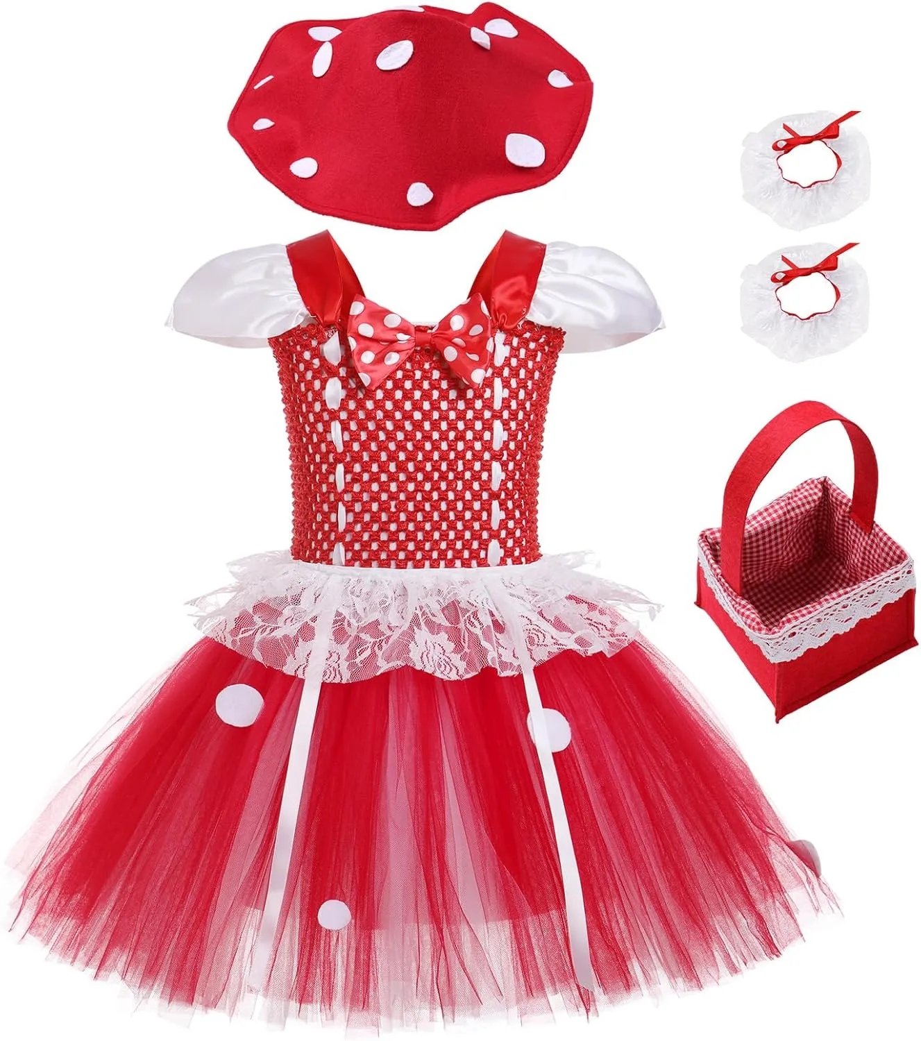 OBEEII Kids Girls Mushroom Halloween Costume Crochet Bodice Tulle Tutu Dress Headband Bag Set Carnival Fancy Dress Outfit