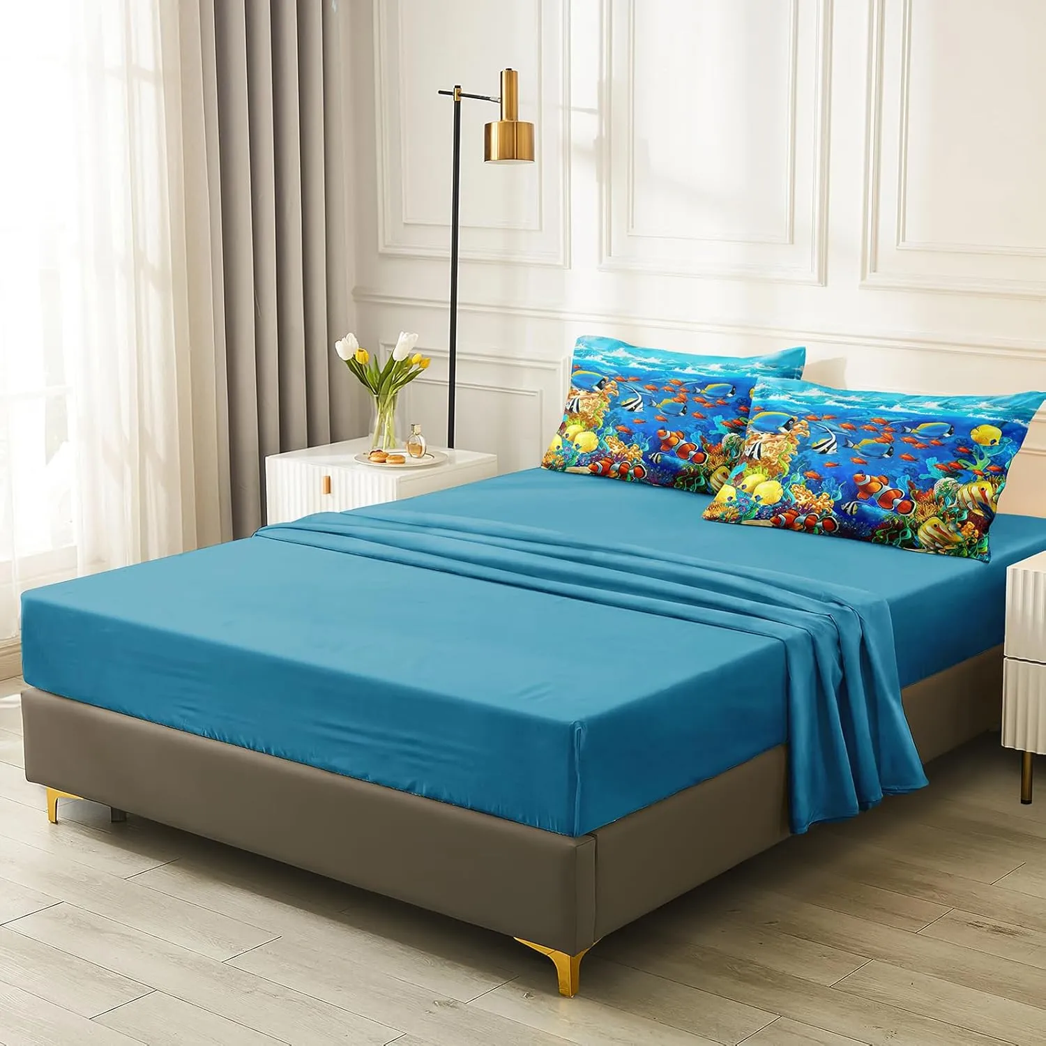 Ocean Theme Comforter Set - Queen Size Blue Ocean Bed in a Bag Coastal Bedding Comforters with Sheet Set and 1 Cushion Cover