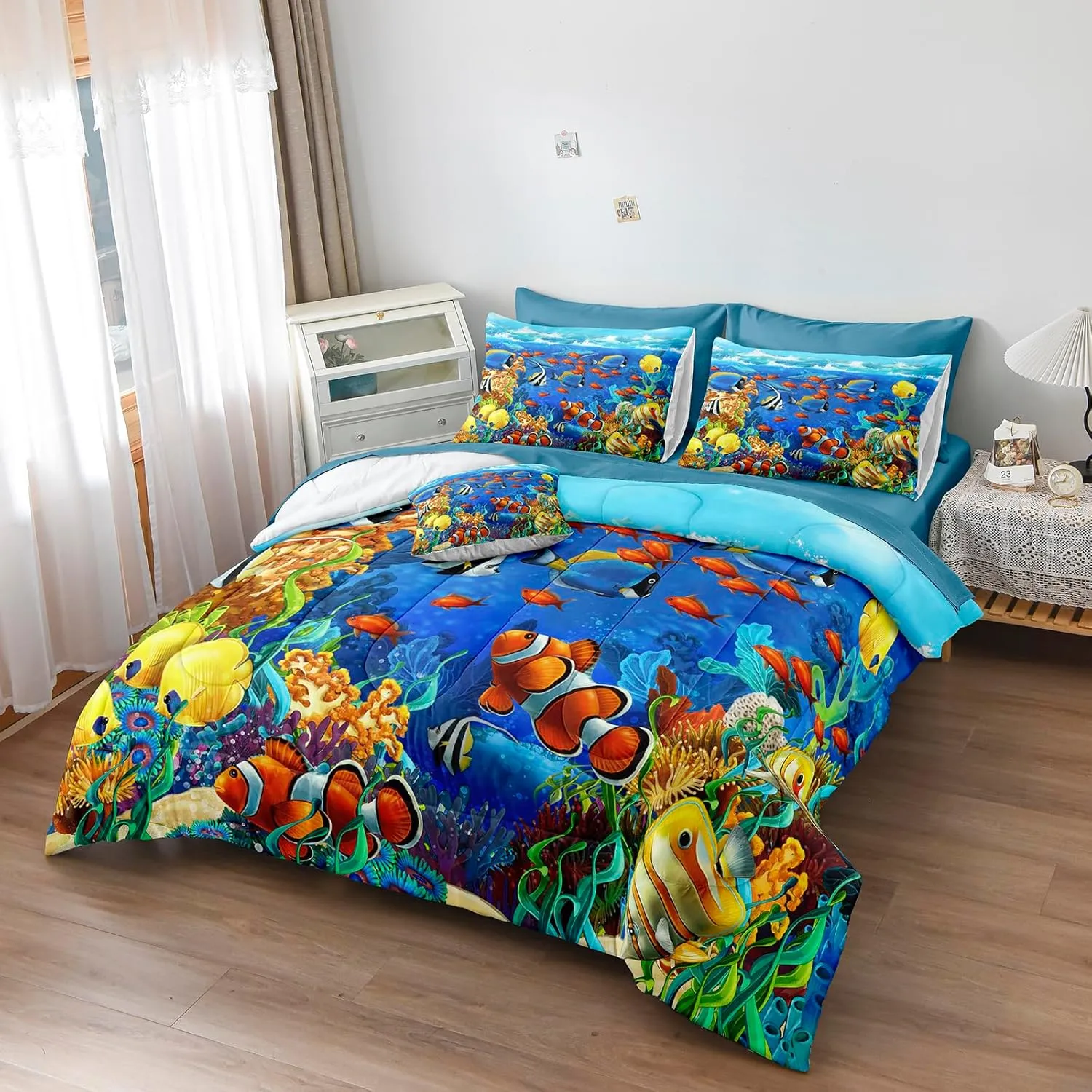 Ocean Theme Comforter Set - Queen Size Blue Ocean Bed in a Bag Coastal Bedding Comforters with Sheet Set and 1 Cushion Cover