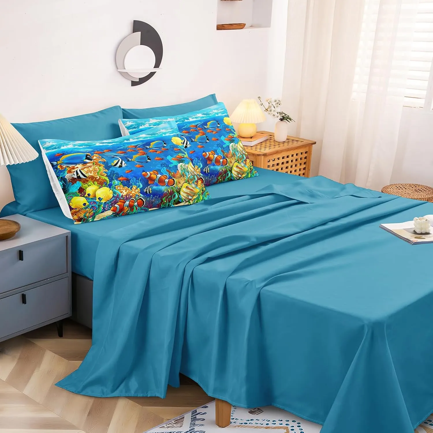 Ocean Theme Comforter Set - Queen Size Blue Ocean Bed in a Bag Coastal Bedding Comforters with Sheet Set and 1 Cushion Cover