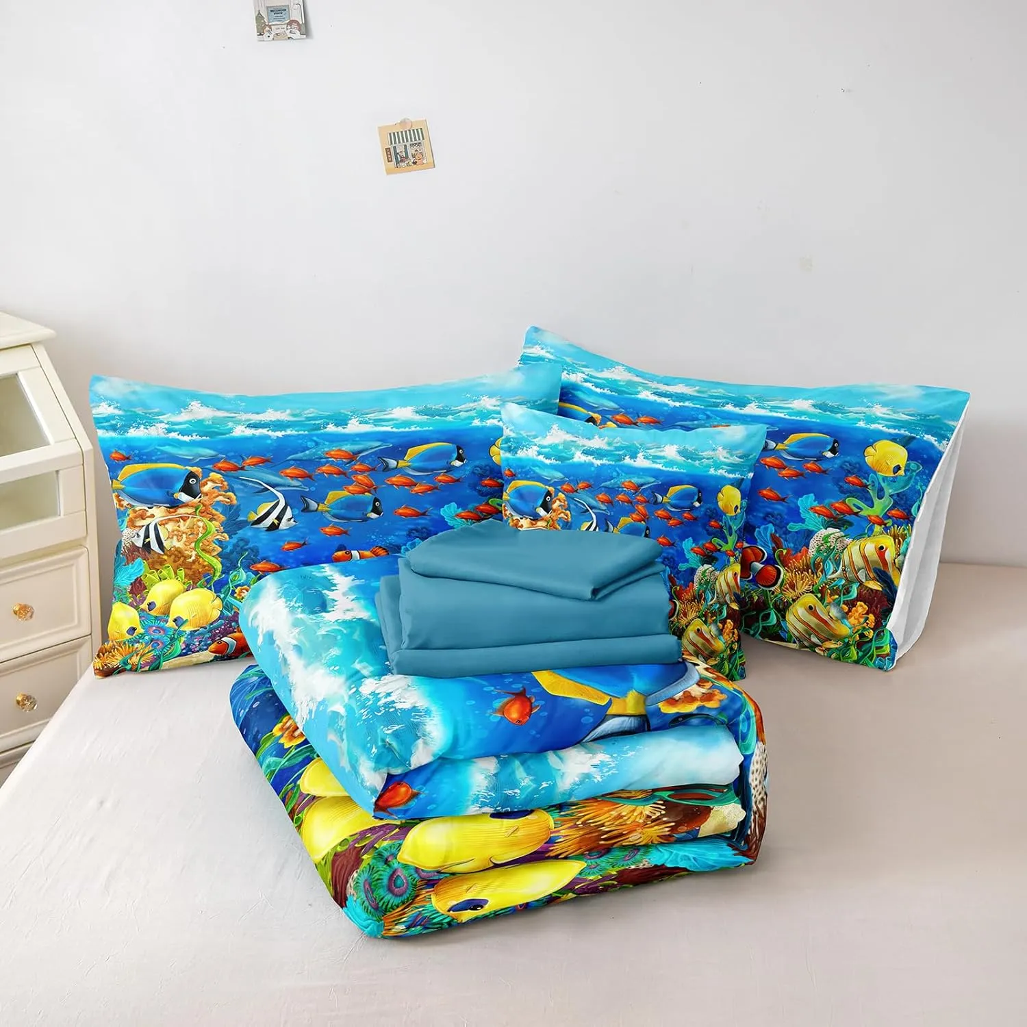 Ocean Theme Comforter Set - Queen Size Blue Ocean Bed in a Bag Coastal Bedding Comforters with Sheet Set and 1 Cushion Cover