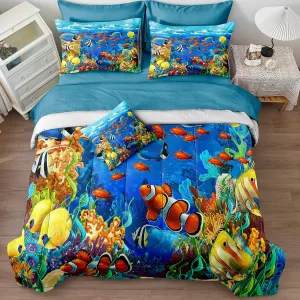 Ocean Theme Comforter Set - Queen Size Blue Ocean Bed in a Bag Coastal Bedding Comforters with Sheet Set and 1 Cushion Cover