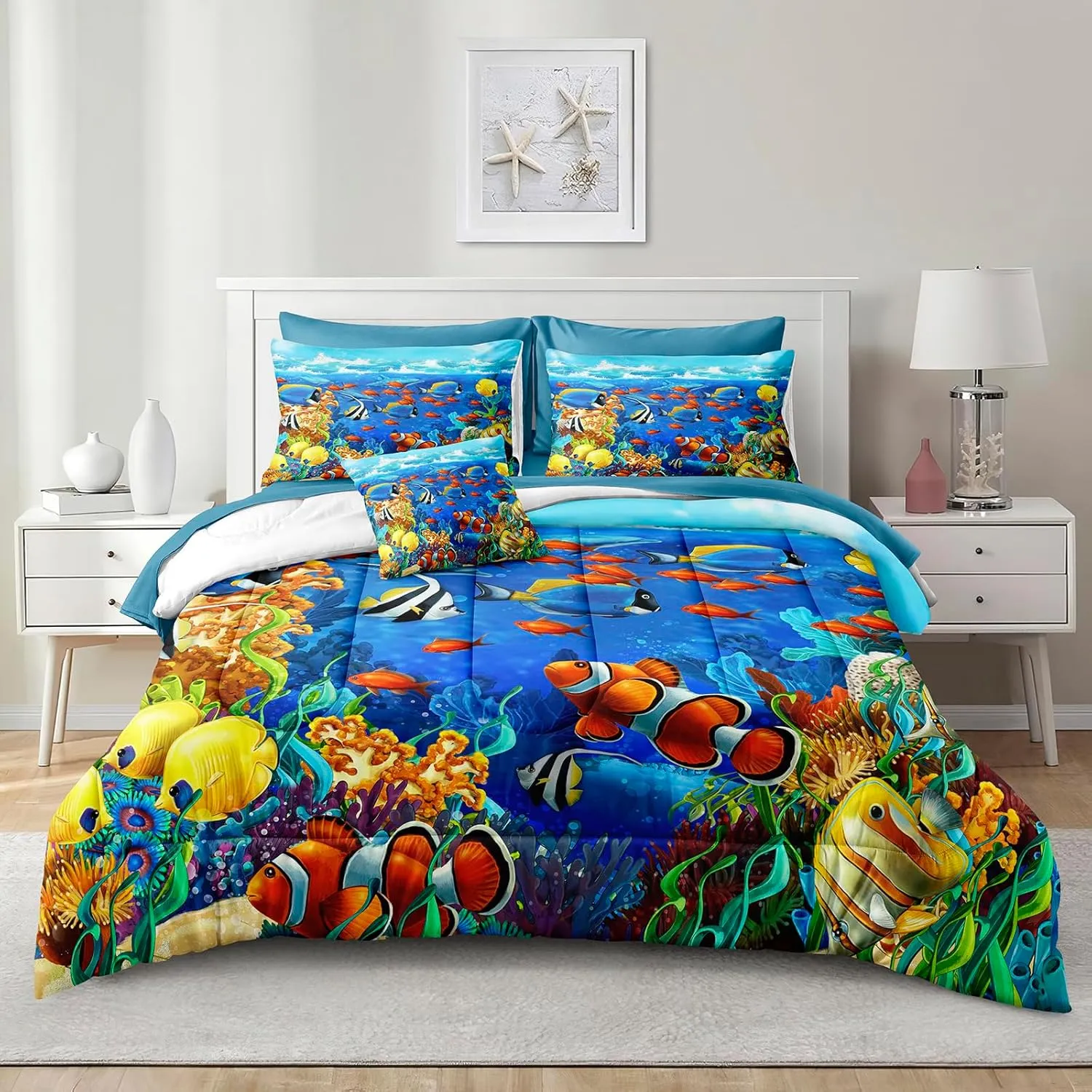 Ocean Theme Comforter Set - Queen Size Blue Ocean Bed in a Bag Coastal Bedding Comforters with Sheet Set and 1 Cushion Cover