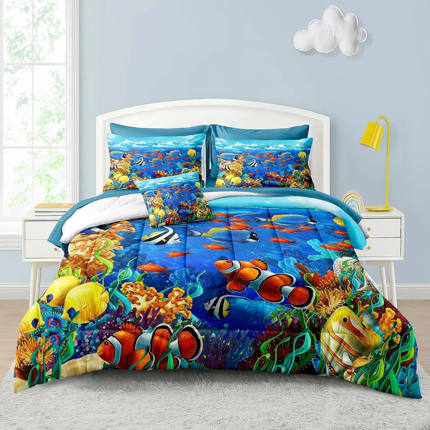 Ocean Theme Comforter Set - Queen Size Blue Ocean Bed in a Bag Coastal Bedding Comforters with Sheet Set and 1 Cushion Cover