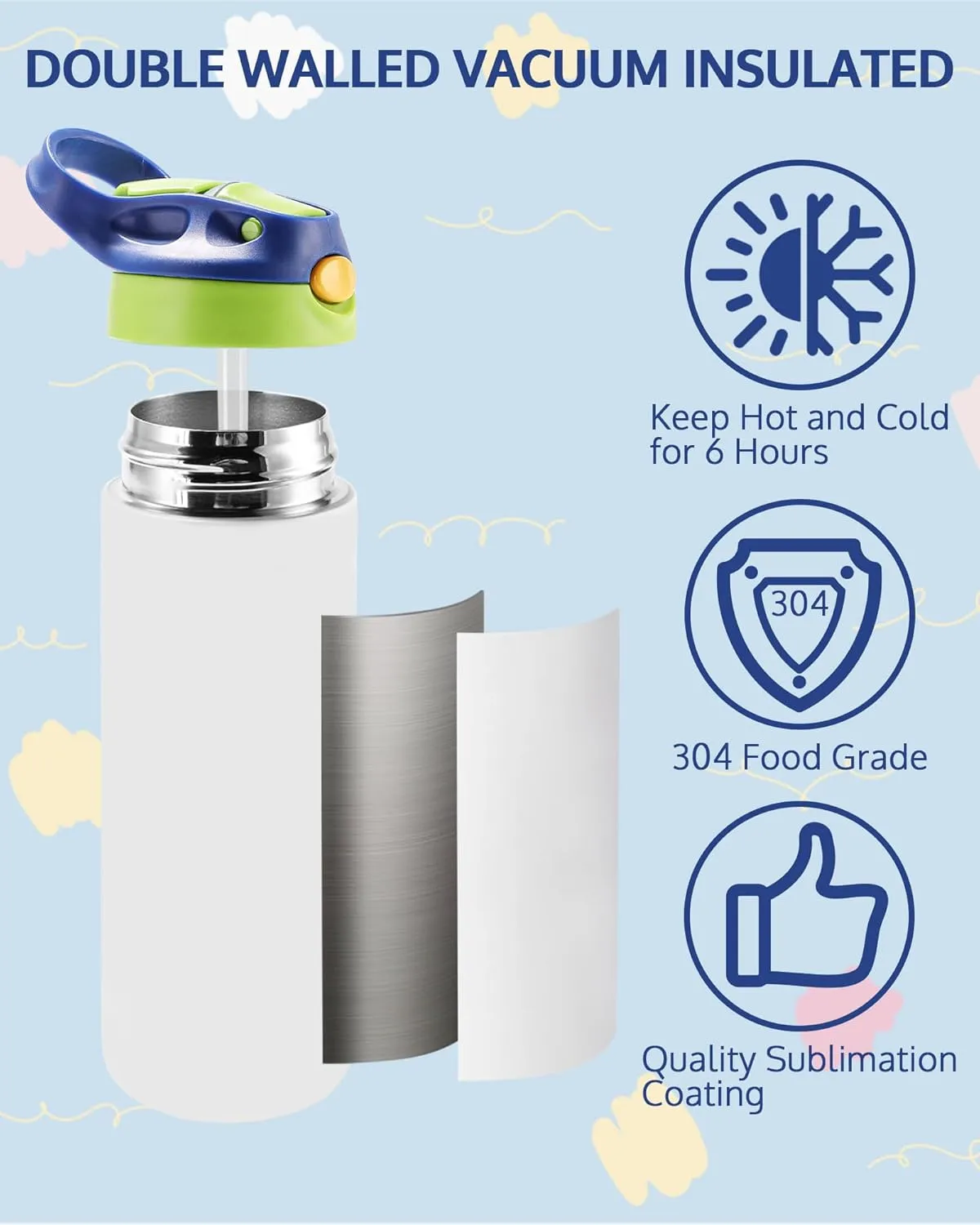 OFFNOVA 12oz Kids Sublimation Tumbler, Kids Sublimation Tumbler Blank with with One-click Pop-up Straw and Handle, Children Sublimation Cups for Milk, Soda, Juice, Drinks (4 Pack)