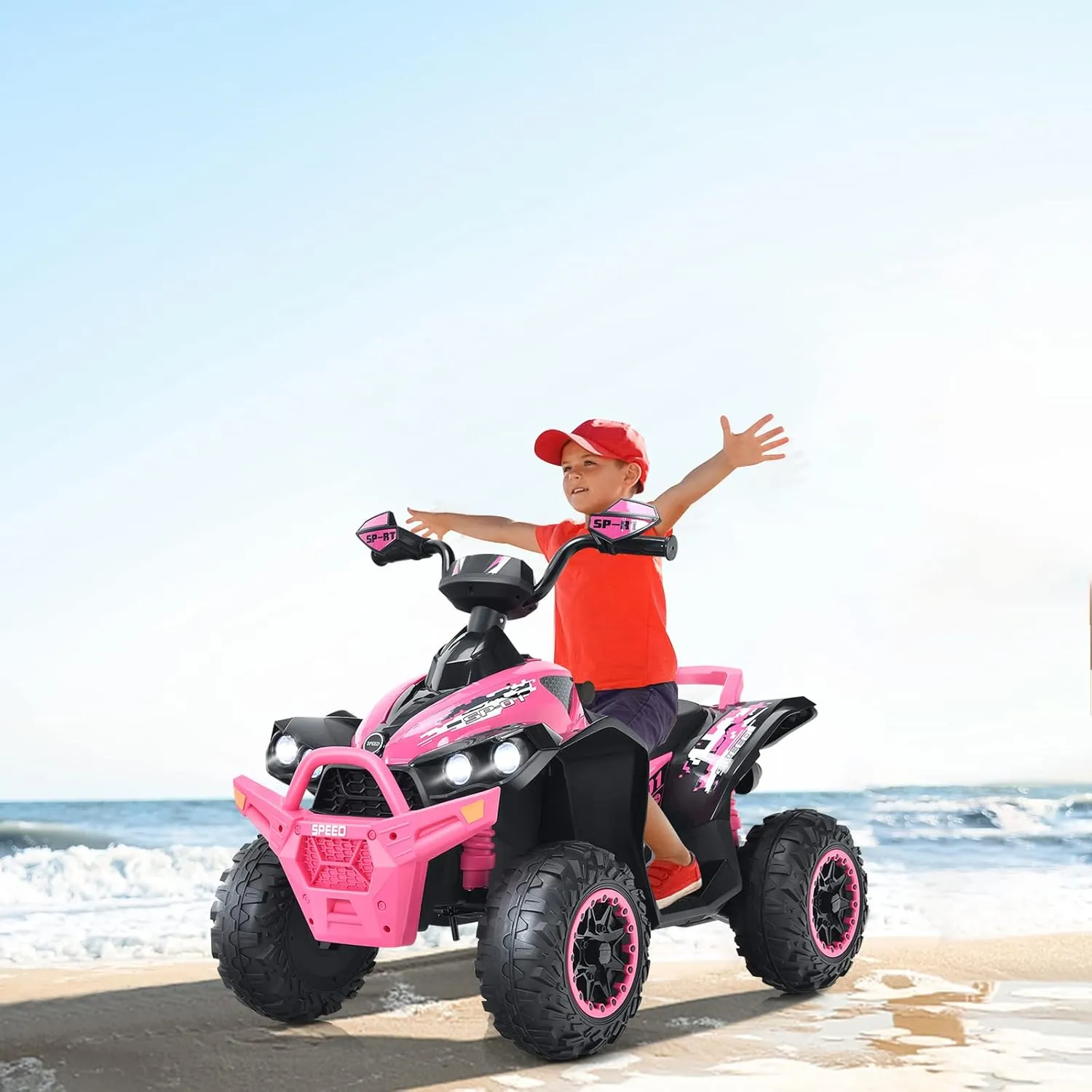 OLAKIDS Ride On ATV, 12V Kids 4 Wheeler Battery Powered Toy Car for Toddlers, Electric Rear Motorized Quad Vehicle for Boys Girls with LED Lights, Music, Horn, High Low Speed, Soft Start (Pale Pink)