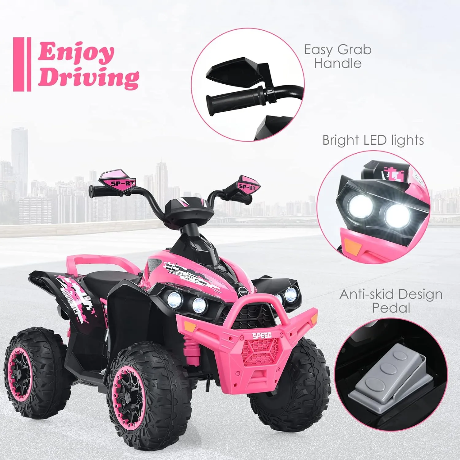 OLAKIDS Ride On ATV, 12V Kids 4 Wheeler Battery Powered Toy Car for Toddlers, Electric Rear Motorized Quad Vehicle for Boys Girls with LED Lights, Music, Horn, High Low Speed, Soft Start (Pale Pink)