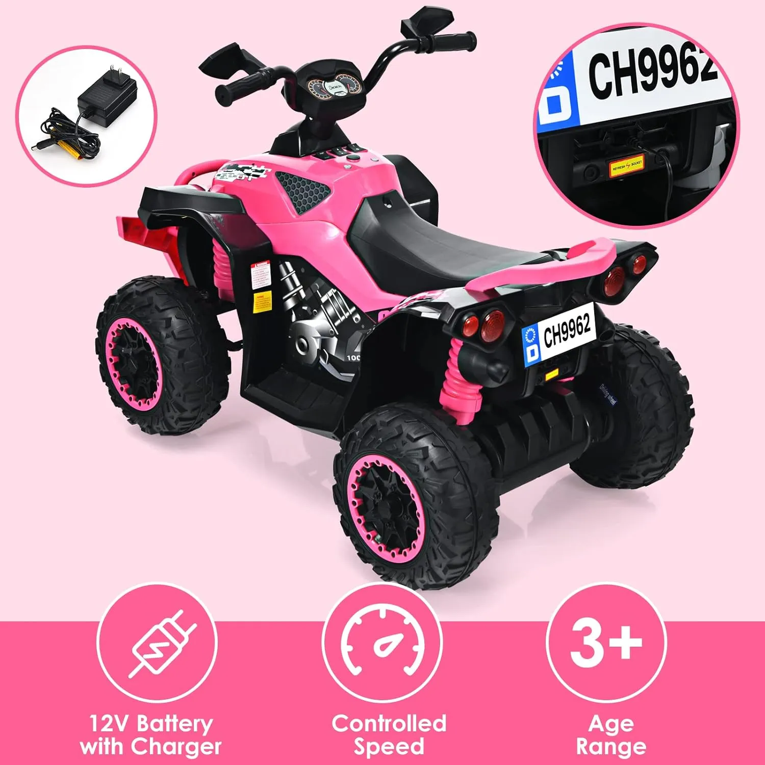 OLAKIDS Ride On ATV, 12V Kids 4 Wheeler Battery Powered Toy Car for Toddlers, Electric Rear Motorized Quad Vehicle for Boys Girls with LED Lights, Music, Horn, High Low Speed, Soft Start (Pale Pink)