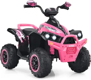 OLAKIDS Ride On ATV, 12V Kids 4 Wheeler Battery Powered Toy Car for Toddlers, Electric Rear Motorized Quad Vehicle for Boys Girls with LED Lights, Music, Horn, High Low Speed, Soft Start (Pale Pink)