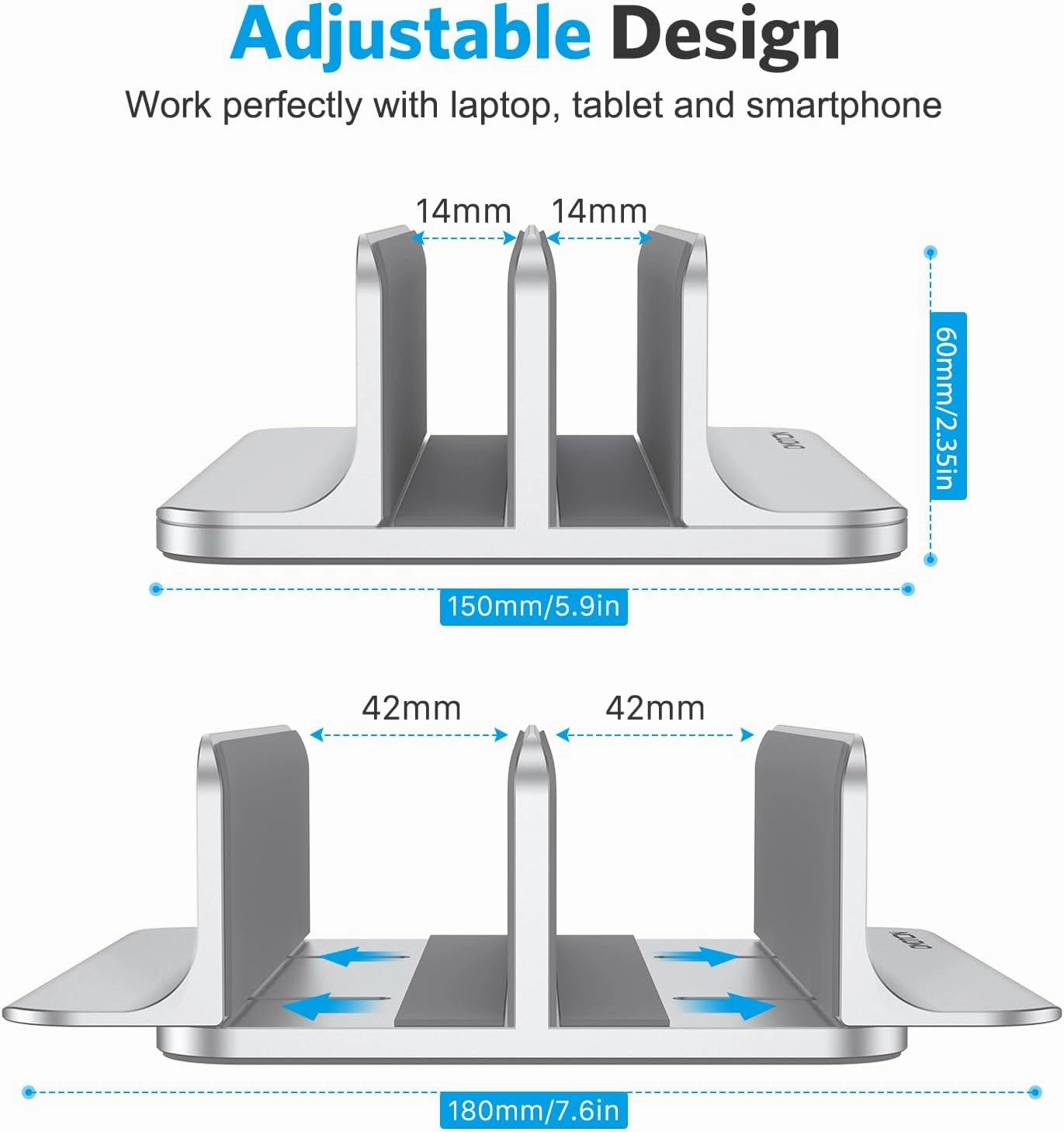 OMOTON [Updated Dock Version Vertical Laptop Stand, Double Desktop Stand Holder with Adjustable Dock (Up to 17.3 inch), Fits All MacBook/Surface/Samsung/HP/Dell/Chrome Book (Silver)