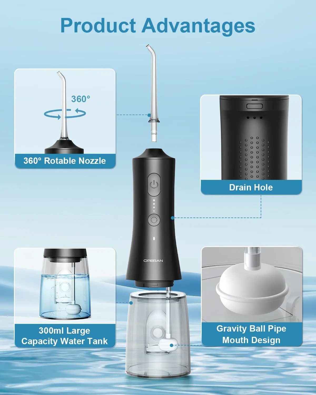 Operan Water Flosser for Teeth Cleaning Upgraded 300ml Cordless Water Dental Flossers Rechargeable Oral Irrigator with 4 Modes 4 Jet Tips IPX7 Waterproof Water Floss for Home Travel (Black) 1Pack