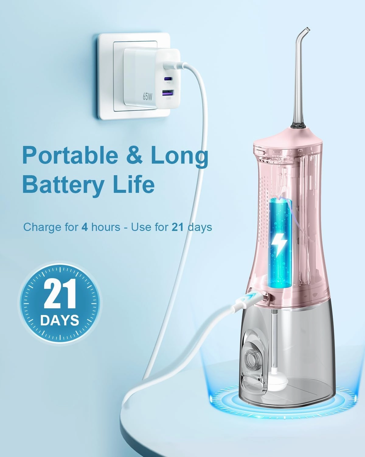 Operan Water Flossers for Teeth Cleaning Upgraded 300ml Cordless Water Dental Flossers Portable Rechargeable Oral Irrigator with 4 Modes 4 Jet Tips IPX7 Waterproof for Home Travel (Pink) 1 Pack