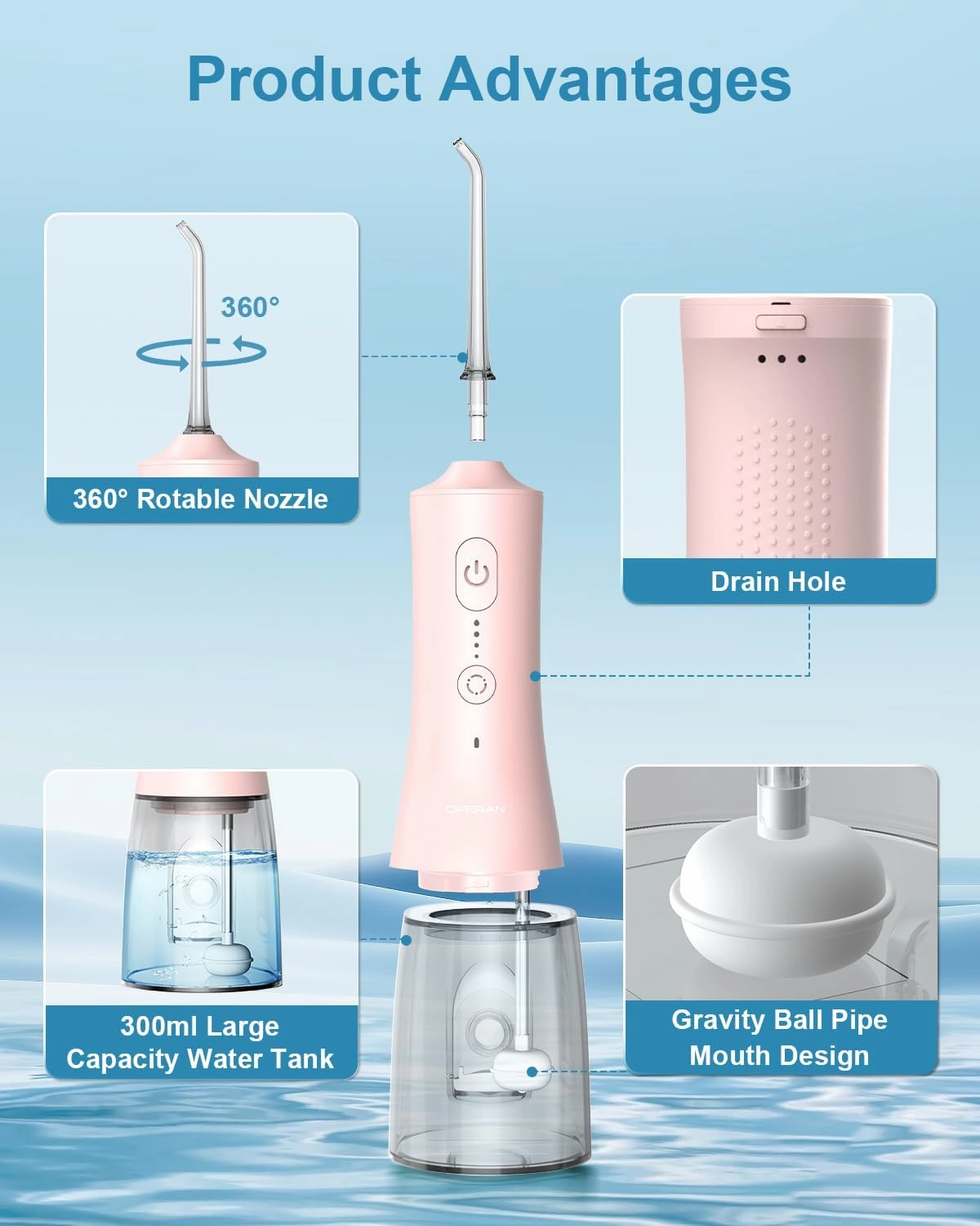 Operan Water Flossers for Teeth Cleaning Upgraded 300ml Cordless Water Dental Flossers Portable Rechargeable Oral Irrigator with 4 Modes 4 Jet Tips IPX7 Waterproof for Home Travel (Pink) 1 Pack