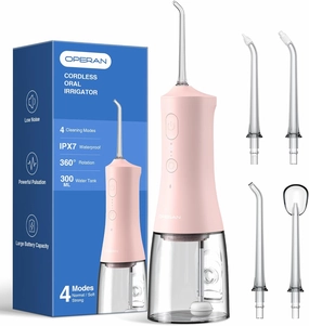 Operan Water Flossers for Teeth Cleaning Upgraded 300ml Cordless Water Dental Flossers Portable Rechargeable Oral Irrigator with 4 Modes 4 Jet Tips IPX7 Waterproof for Home Travel (Pink) 1 Pack
