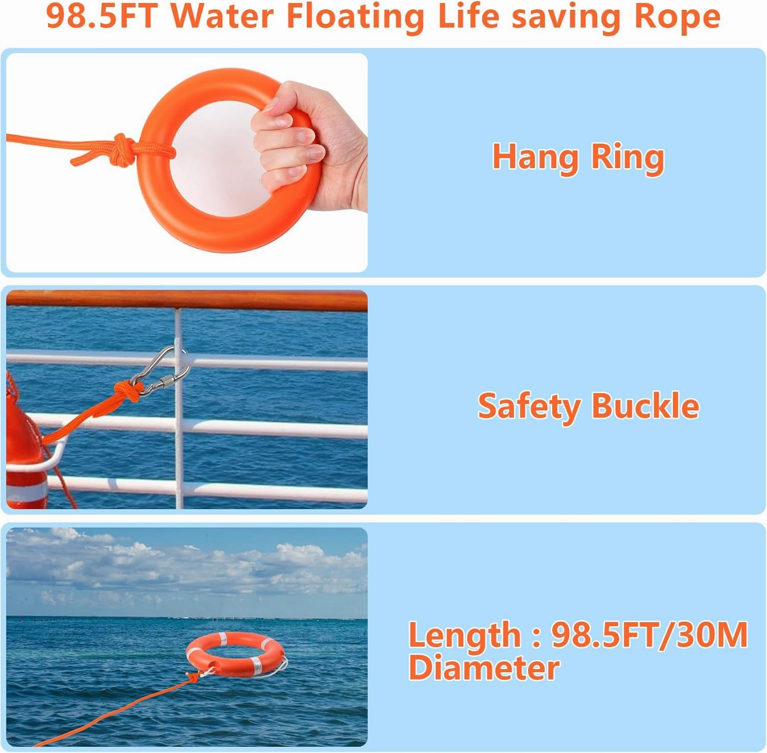 Orange Boat Safety Throw Ring with Bracket - 23"/28" Life Ring Buoy with 98.5 FT Rope and Reflective Tape