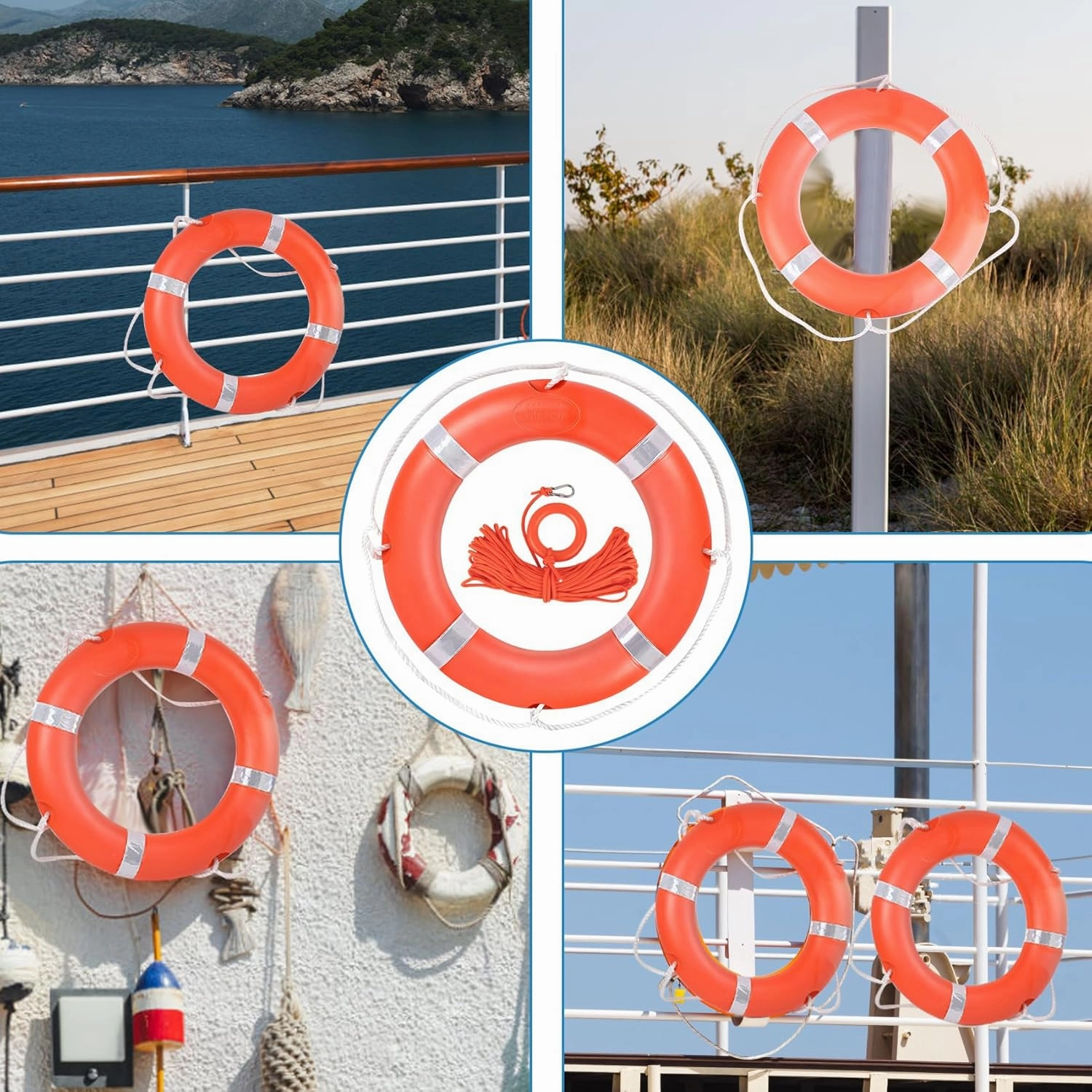 Orange Boat Safety Throw Ring with Bracket - 23"/28" Life Ring Buoy with 98.5 FT Rope and Reflective Tape