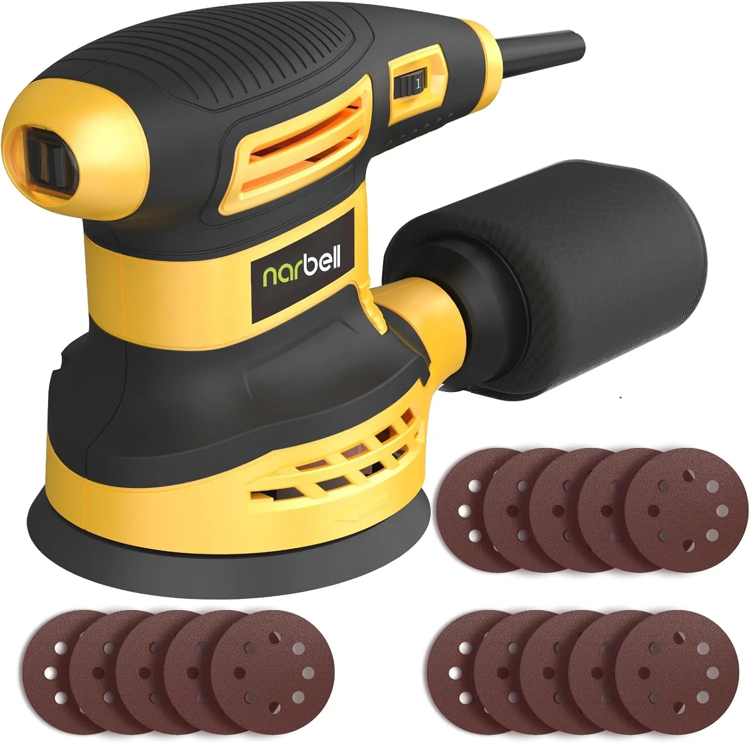 Orbital Sander 3.0AMP(360W),14000RPM Random Orbit Sander Tool with 6 Variable Speeds, 5" Electric Palm Sander Kit with Dust Bag,15pcs Sandpapers for Woodworking & Sanding，Yellow