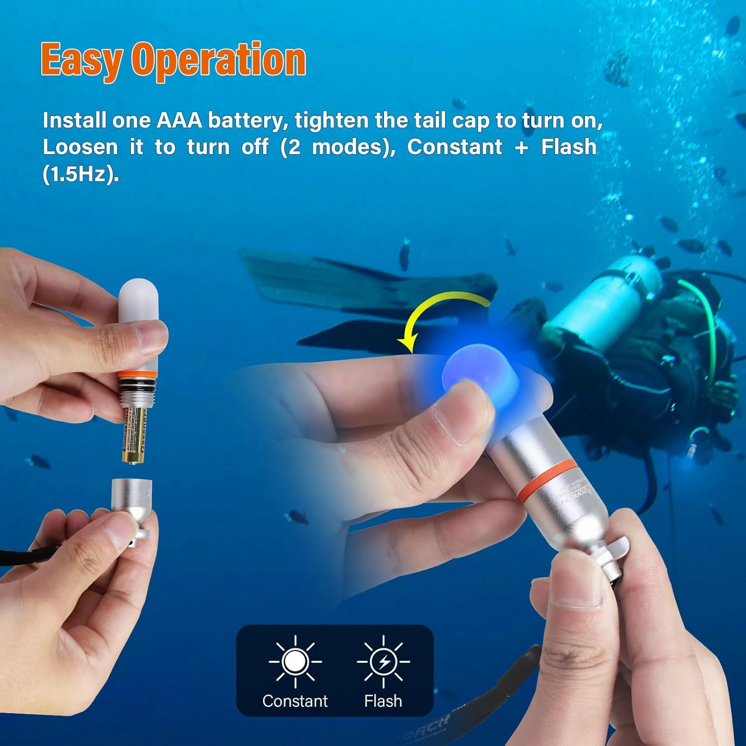 ORCATORCH SD01PRO Upgrade Bright Dive Signal Light, Submersible Beacon Mini Tank Marker Light with Constant and Flashing Modes, for Scuba Diving and Night Time Visibility (Blue)