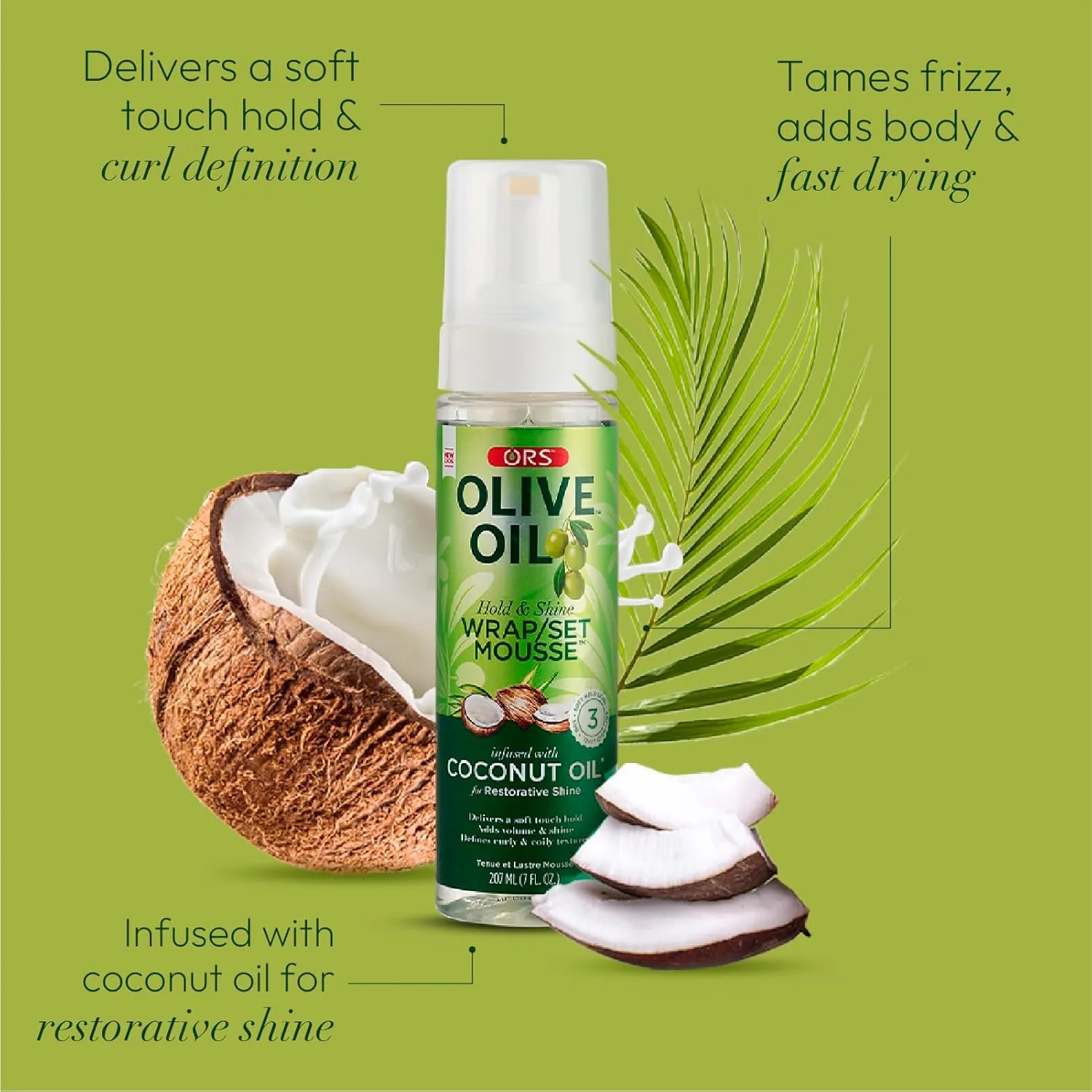 ORS Olive Oil Hold & Shine Wrap Set Mousse Infused with Coconut Oil for Restorative Shine 7 Ounce (Pack of 3)