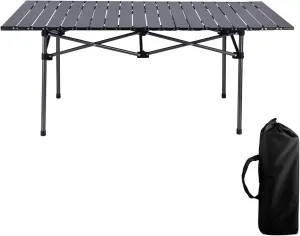 Outdoor Camping Table, Rollable Table Lightweight, Portable Aluminum Table for 4-6 People with Carrying Bag for Outdoor BBQ Picnic Party Black