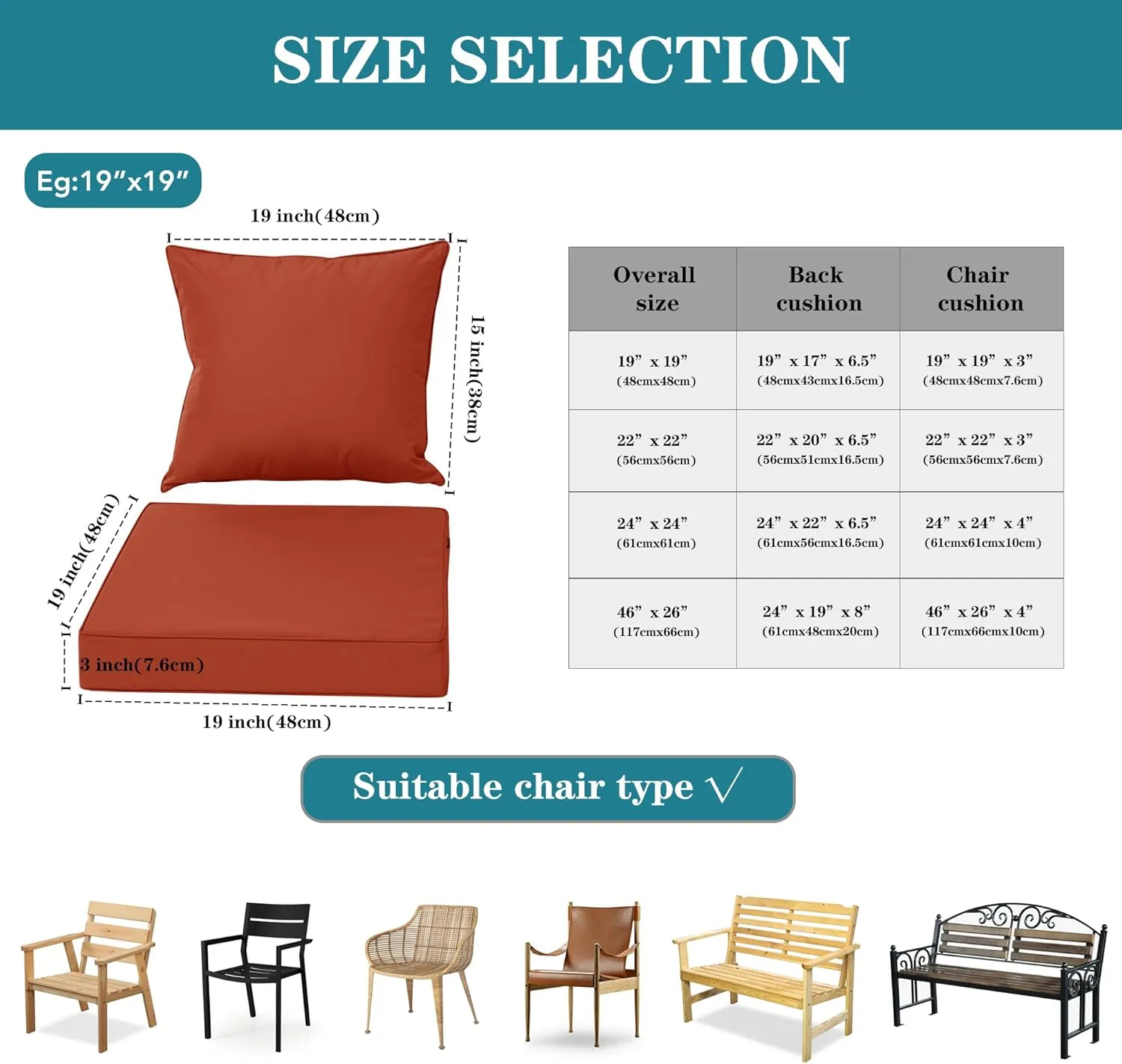 Outdoor Chair Cushions, Waterproof Fade Resistant Deep Seat and Backrest Cushion Set for Patio Furniture, Rust, 24x24 Inch, Set of 4