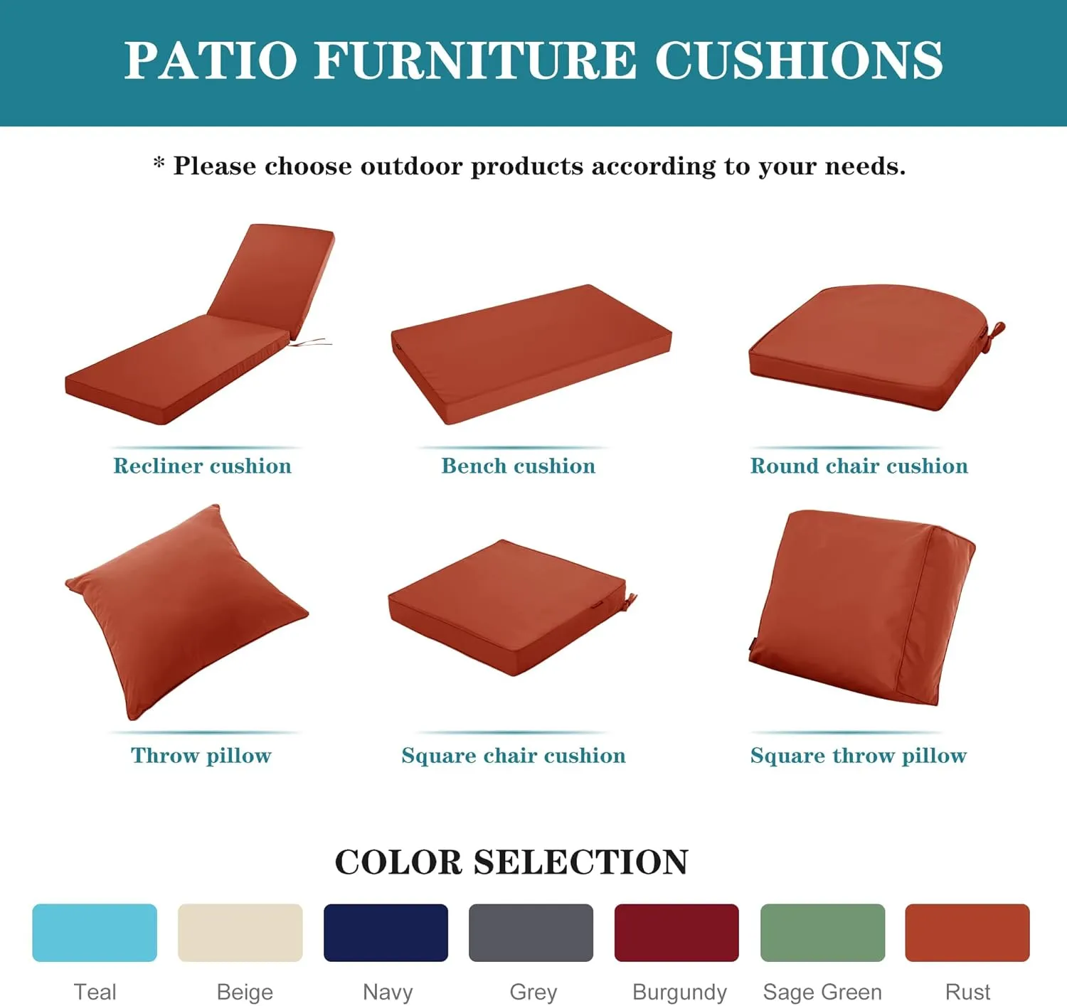 Outdoor Chair Cushions, Waterproof Fade Resistant Deep Seat and Backrest Cushion Set for Patio Furniture, Rust, 24x24 Inch, Set of 4