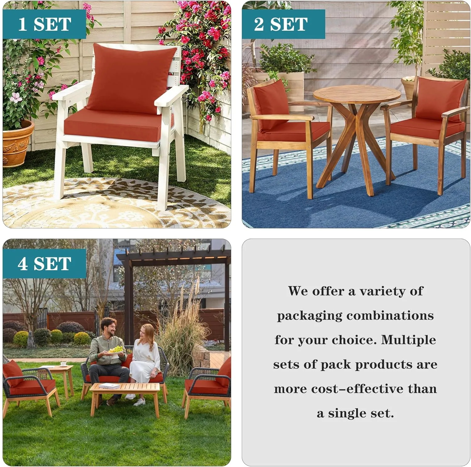 Outdoor Chair Cushions, Waterproof Fade Resistant Deep Seat and Backrest Cushion Set for Patio Furniture, Rust, 24x24 Inch, Set of 4