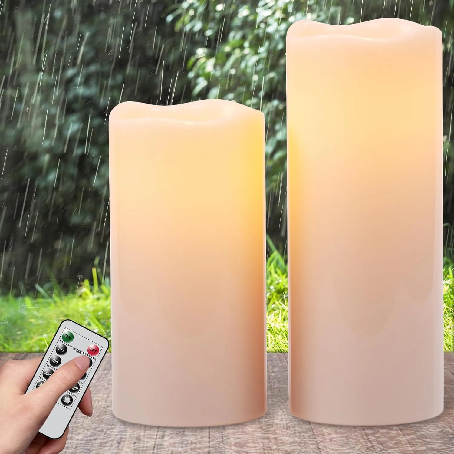 Outdoor Indoor Waterproof Flameless Candles Flickering with Remote Timer, White LED Pillar Candles Battery Operated Pack of 2, Long Lasting Electric Candles Lanterns Cream Φ 4" H 8” 10”