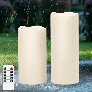 Outdoor Indoor Waterproof Flameless Candles Flickering with Remote Timer, White LED Pillar Candles Battery Operated Pack of 2, Long Lasting Electric Candles Lanterns Cream Φ 4" H 8” 10”