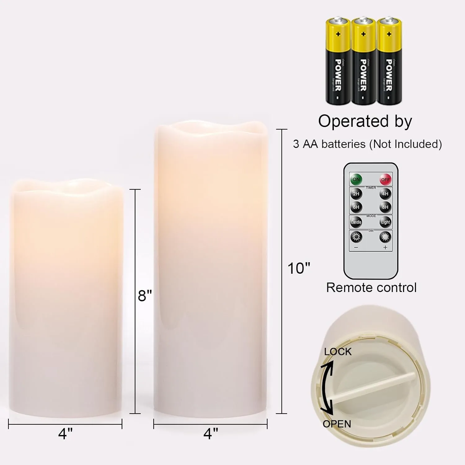 Outdoor Indoor Waterproof Flameless Candles Flickering with Remote Timer, White LED Pillar Candles Battery Operated Pack of 2, Long Lasting Electric Candles Lanterns Cream Φ 4" H 8” 10”