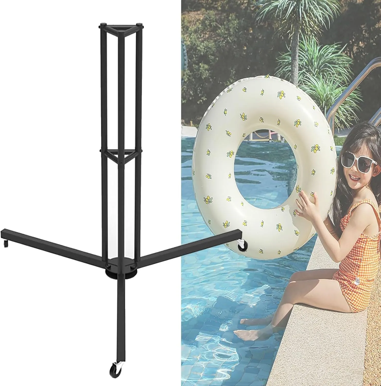 Outdoor Swim Rings Storage Holder, Portable Pool Equipment Float Organizer Cart, Vertical Stacking Swimming Ring Display Rack