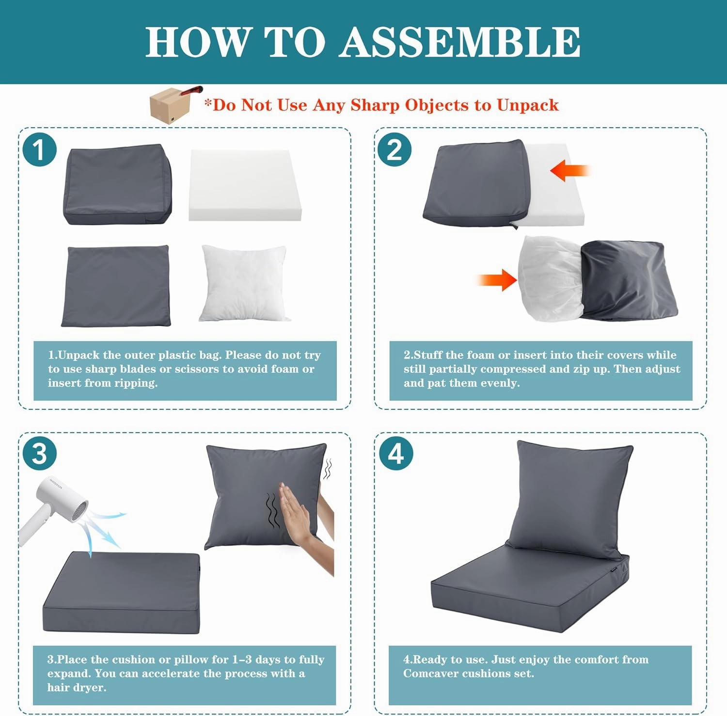 Outdoor Seat Cushion Set for Chair Sofa Couch, Fade Resistant Waterproof Bottom and Backrest Cushions for Patio Furniture, Dark Grey, 22x22 Inch,1 Set