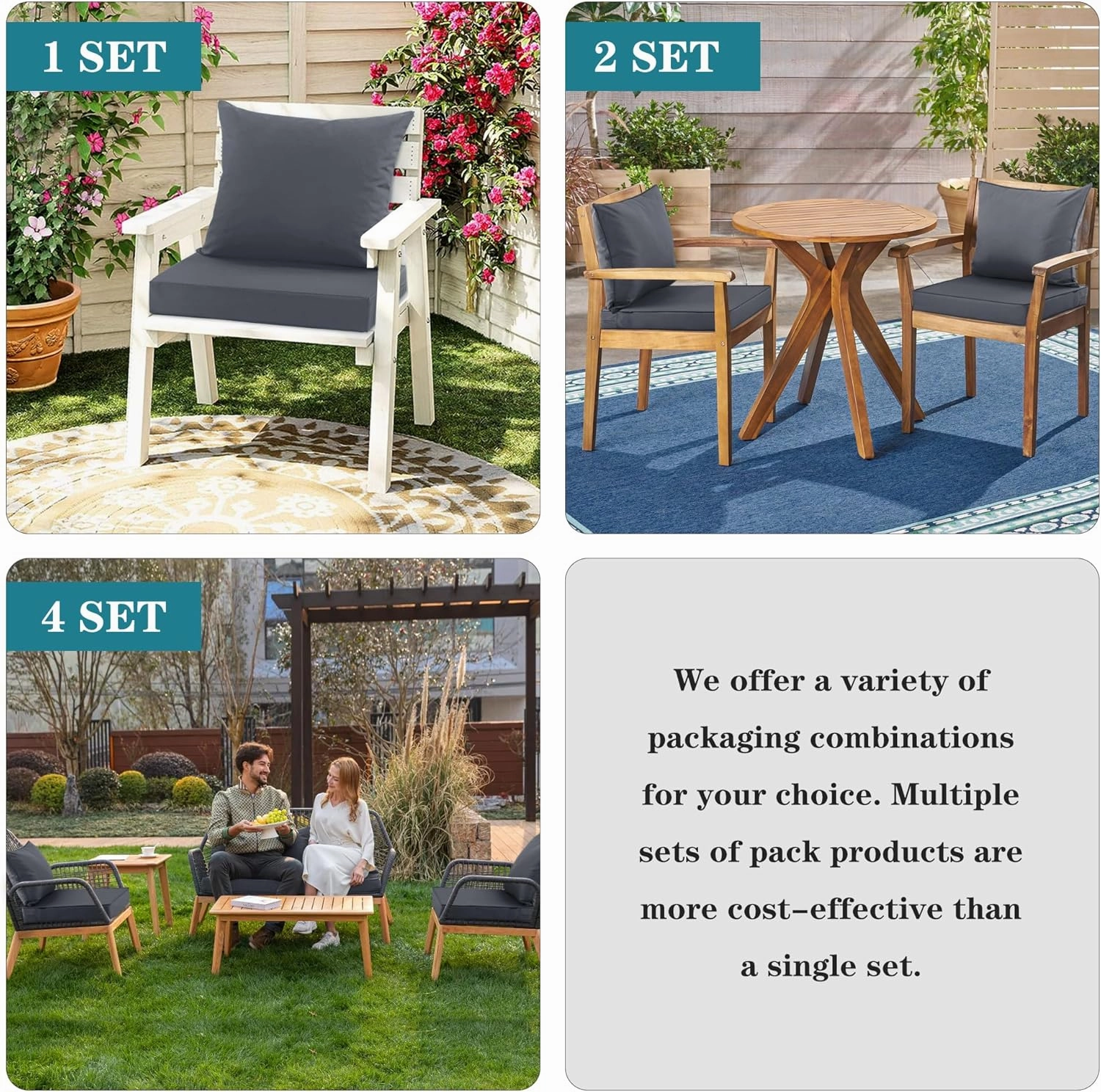 Outdoor Seat Cushion Set for Chair Sofa Couch, Fade Resistant Waterproof Bottom and Backrest Cushions for Patio Furniture, Dark Grey, 24x24 Inch,Set of 4