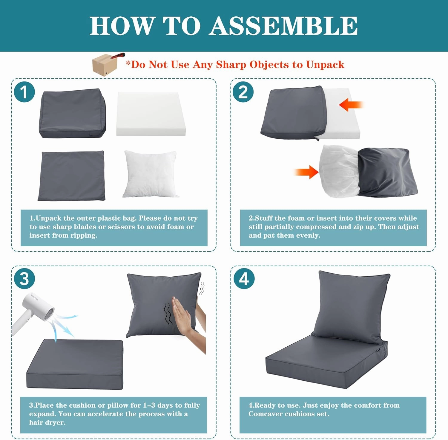 Outdoor Seat Cushion Set for Chair Sofa Couch, Fade Resistant Waterproof Bottom and Backrest Cushions for Patio Furniture, Dark Grey, 24x24 Inch,Set of 4