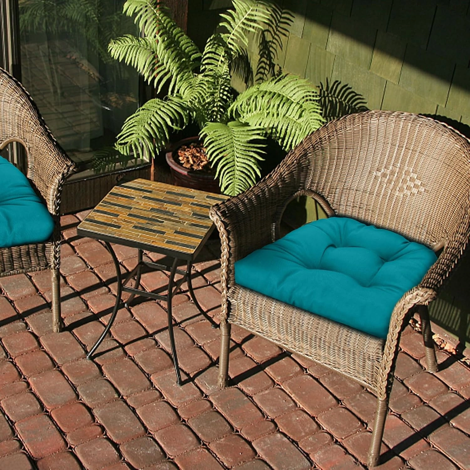 Outdoor Tufted Wicker Cushions Seat Cushions for Patio Furniture Set of 2, 19x19 Outdoor Chair Cushions Weather Resistant Patio Cushions with Ties for Wicker Chair (Aqua Green, 2 Pack)