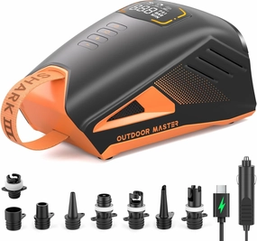 OutdoorMaster Shark 3 Paddle Board Pump Electric - 3'50" Fast Inflation, 20PSI 74Wh Rechargeable SUP Air Pump- Auto-Off & Deflation, 12V/15.8V DC & Type-C Input, 8 Nozzles for Inflatables, Boats,Kites