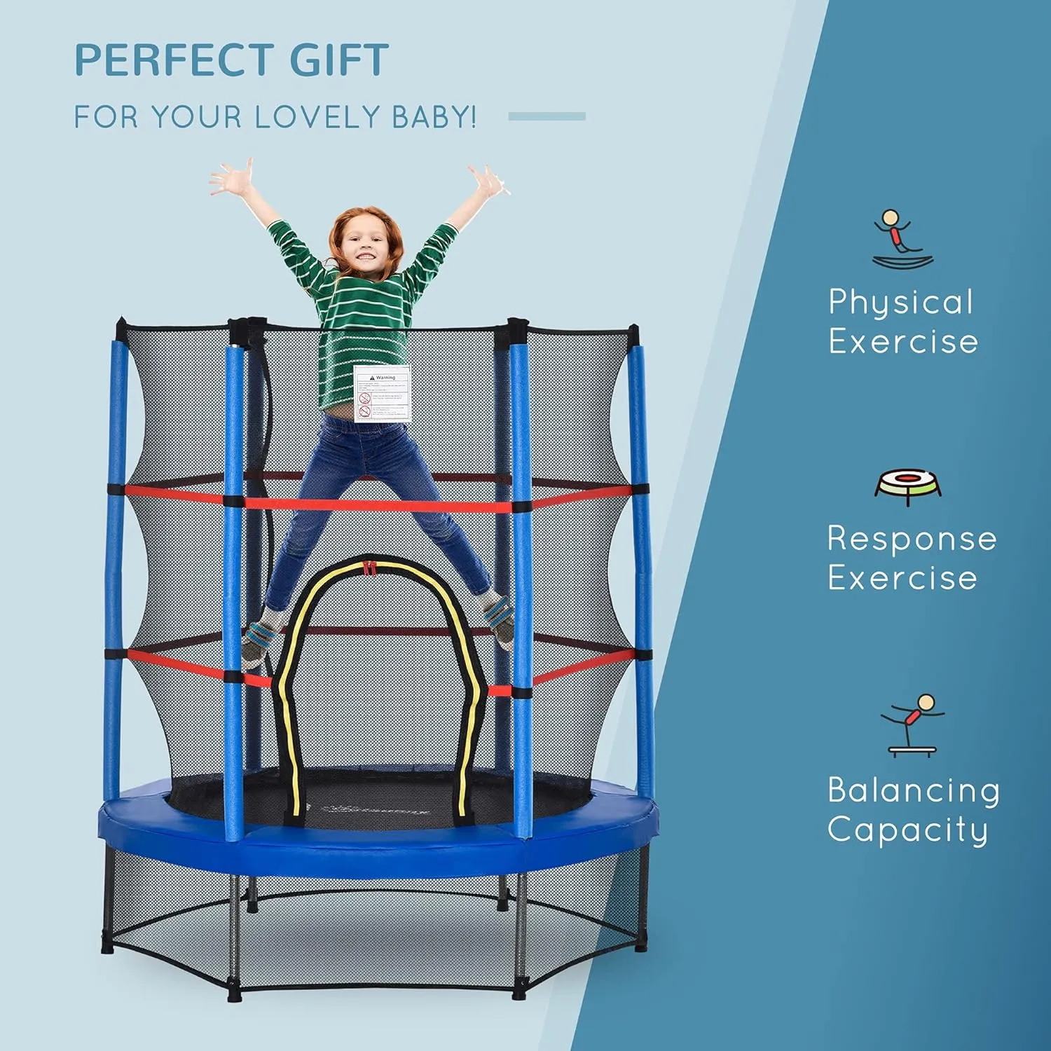 Outsunny 5FT Trampoline for Kids, 55" Mini Indoor Outdoor Toddler Trampoline Toy with Enclosure Net, Springless Design, Safety Pad and Steel Frame, Gift for Boys Girls 3 to 6 Years