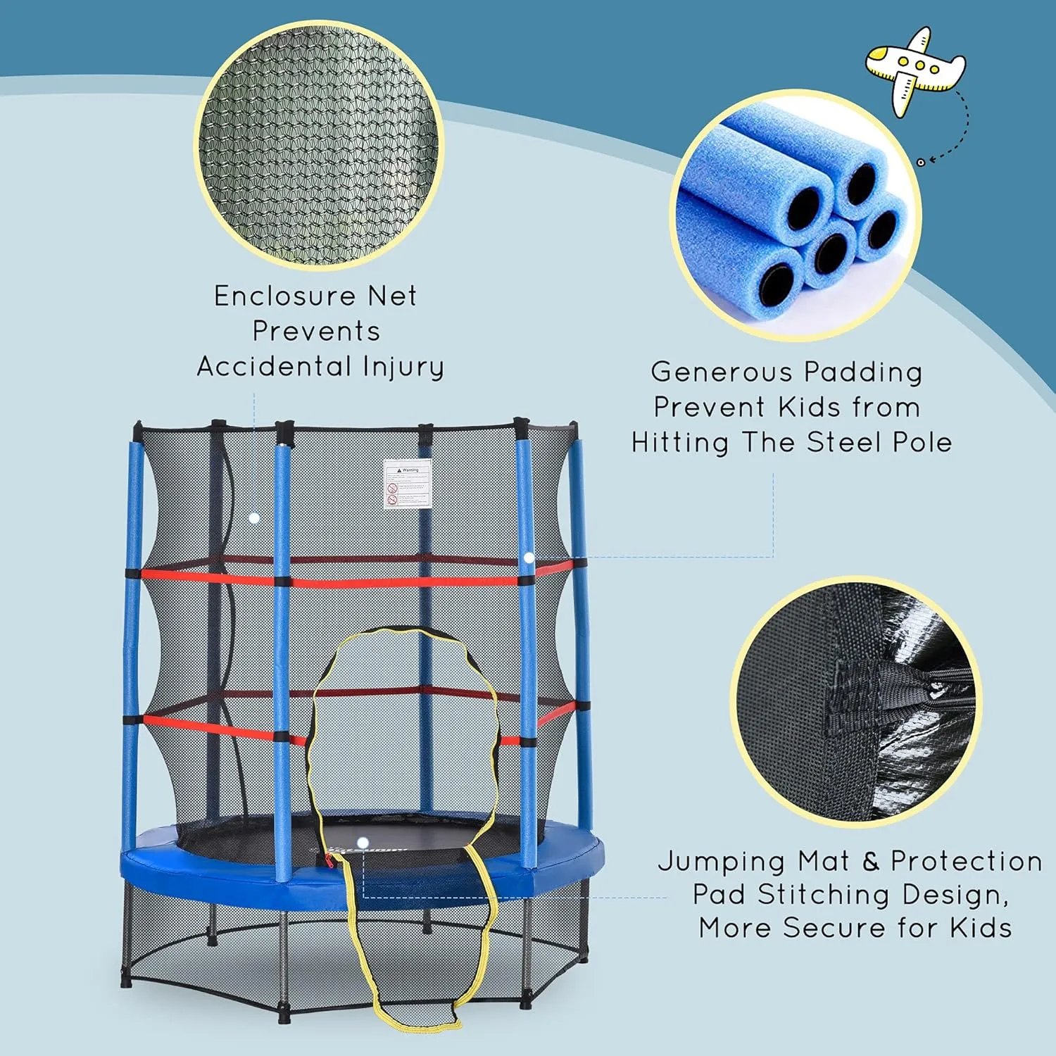 Outsunny 5FT Trampoline for Kids, 55" Mini Indoor Outdoor Toddler Trampoline Toy with Enclosure Net, Springless Design, Safety Pad and Steel Frame, Gift for Boys Girls 3 to 6 Years