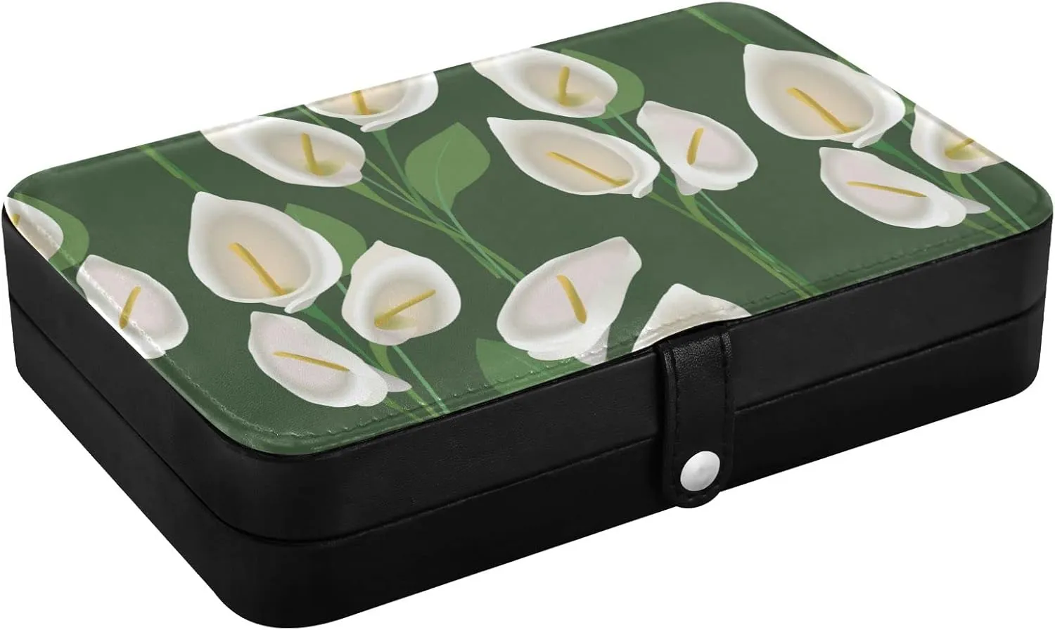 Oyihfvs Abstract Exotic White Flowers with Green Leaves on Green Background Leather Jewelry Bag, Jewelry Storage, Portable Jewelry Organizer Boxes for Women Lady Necklace, Earrings, Rings, Bracelet