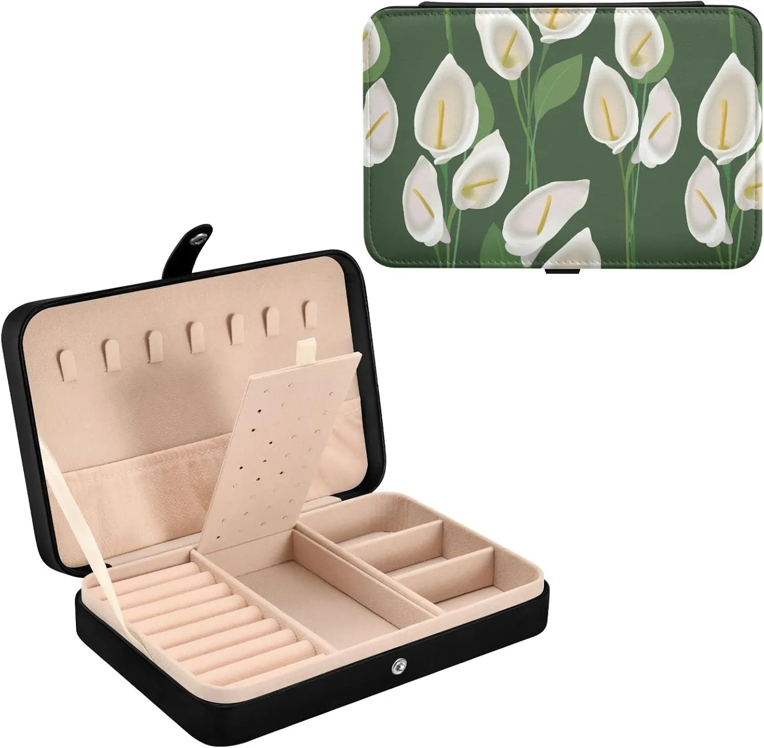 Oyihfvs Abstract Exotic White Flowers with Green Leaves on Green Background Leather Jewelry Bag, Jewelry Storage, Portable Jewelry Organizer Boxes for Women Lady Necklace, Earrings, Rings, Bracelet