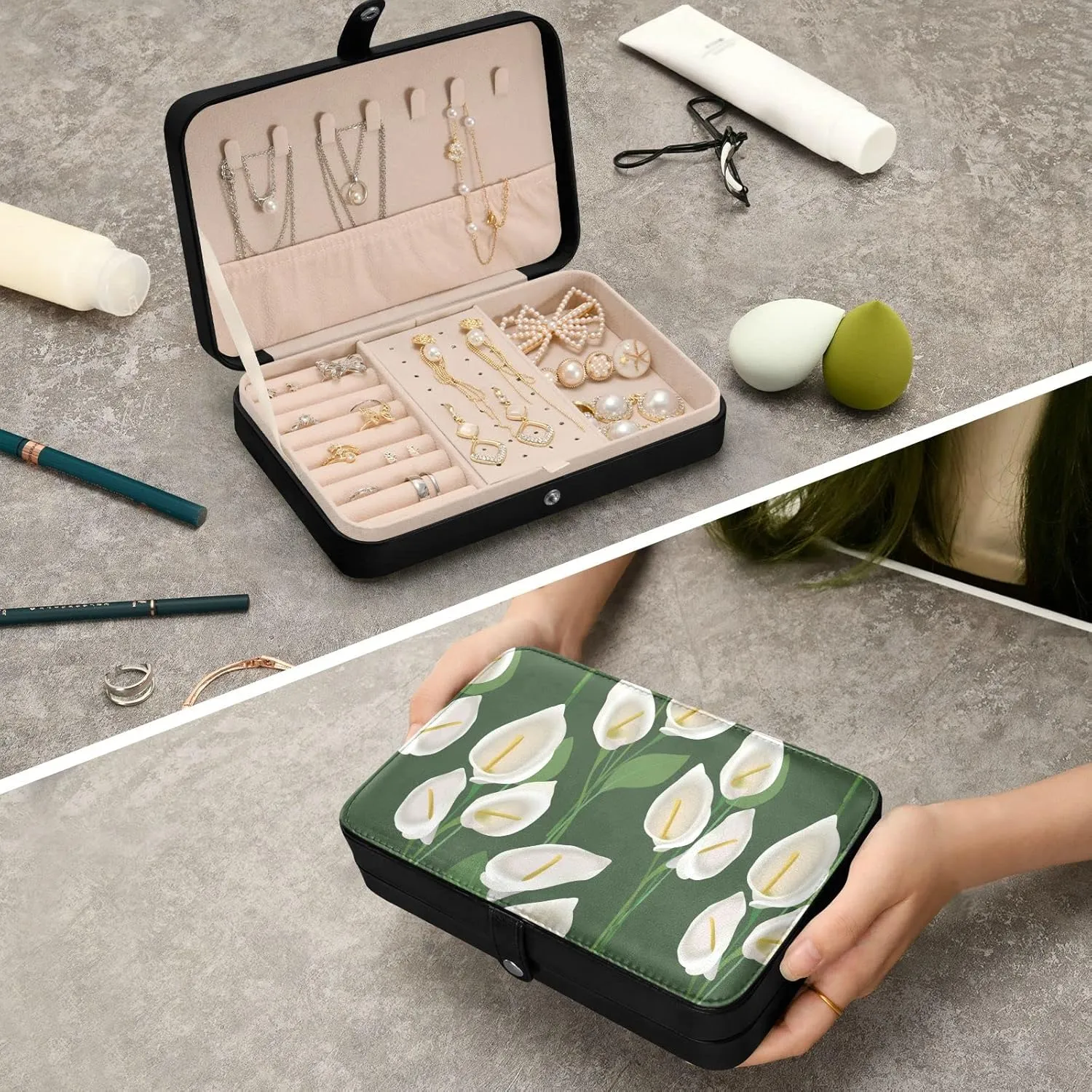 Oyihfvs Abstract Exotic White Flowers with Green Leaves on Green Background Leather Jewelry Bag, Jewelry Storage, Portable Jewelry Organizer Boxes for Women Lady Necklace, Earrings, Rings, Bracelet