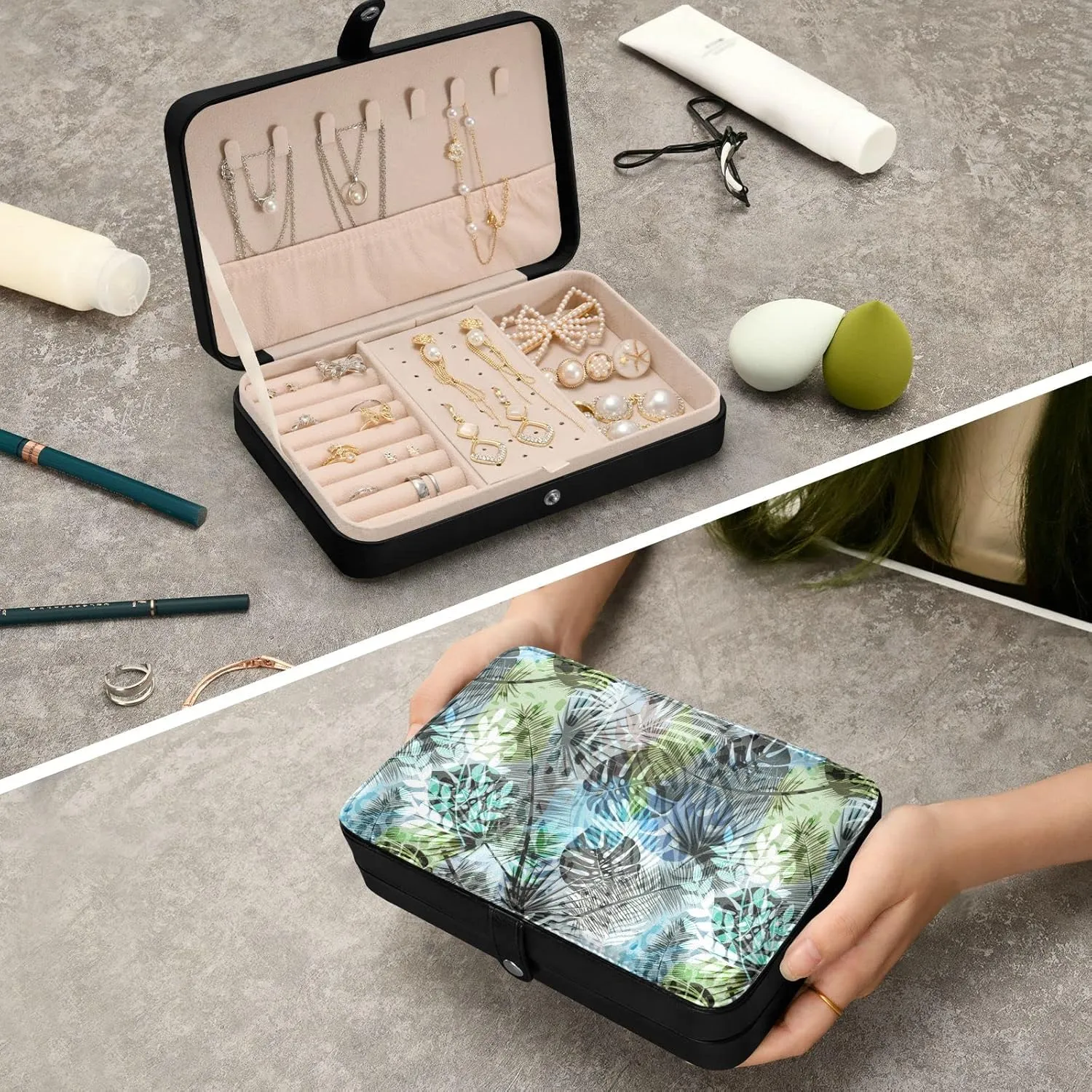 Oyihfvs Seamless Exotic Tropical Plants Palm Tree Leaves in Retro Style Leather Jewelry Bag, Jewelry Storage, Portable Jewelry Organizer Boxes for Women Lady Necklace, Earrings, Rings, Bracelet