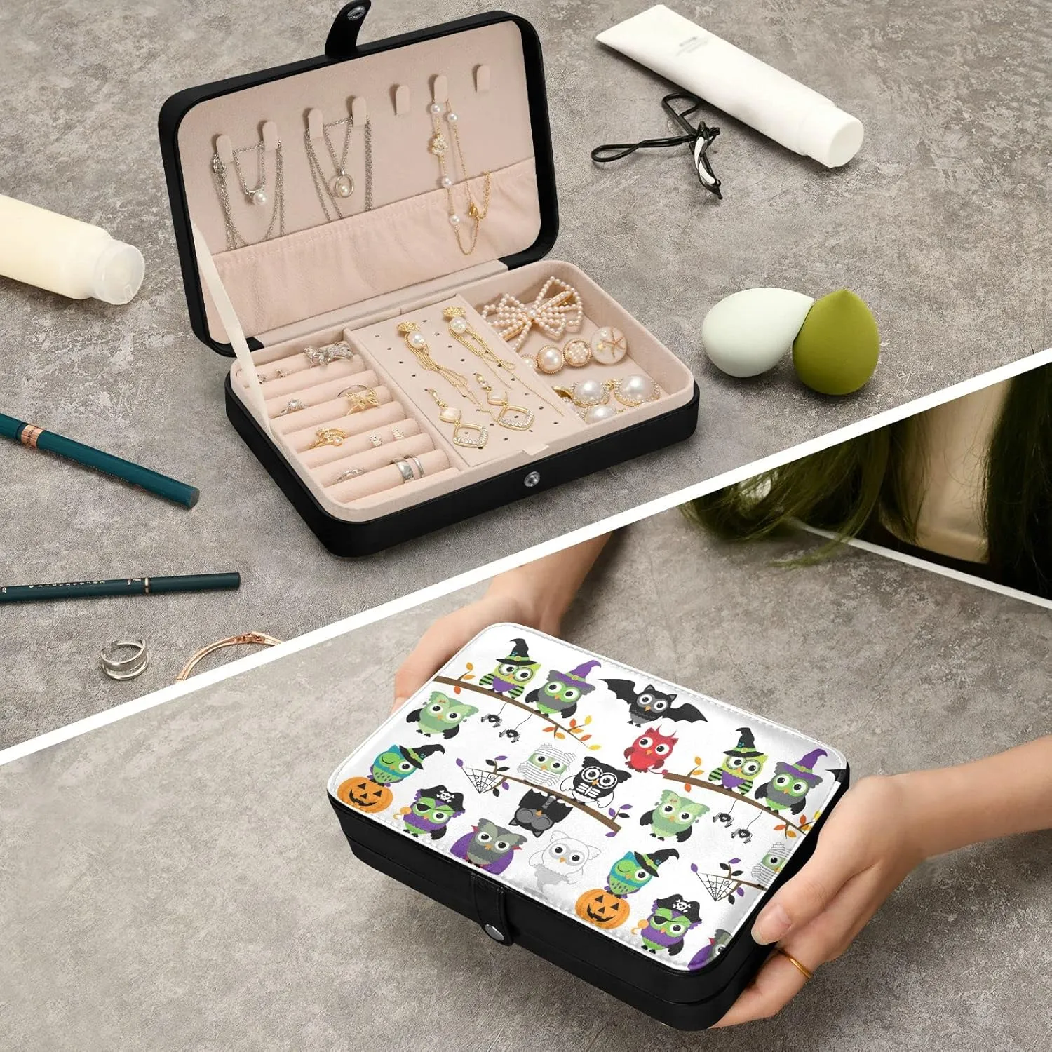 Oyihfvs St Patrick's Day Seamless Owls on Tree Branches on White Leather Jewelry Bag, Jewelry Storage, Portable Jewelry Organizer Boxes for Women Lady Necklace, Earrings, Rings, Bracelet