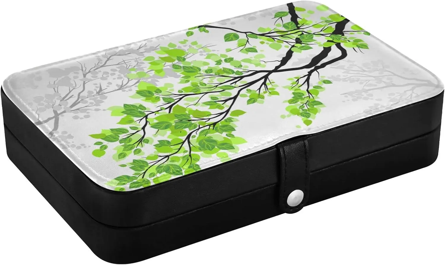 Oyihfvs Tree Branches with Green Leaves on Grey White Pattern Leather Jewelry Bag, Jewelry Storage, Portable Jewelry Organizer Boxes for Women Lady Necklace, Earrings, Rings, Bracelet