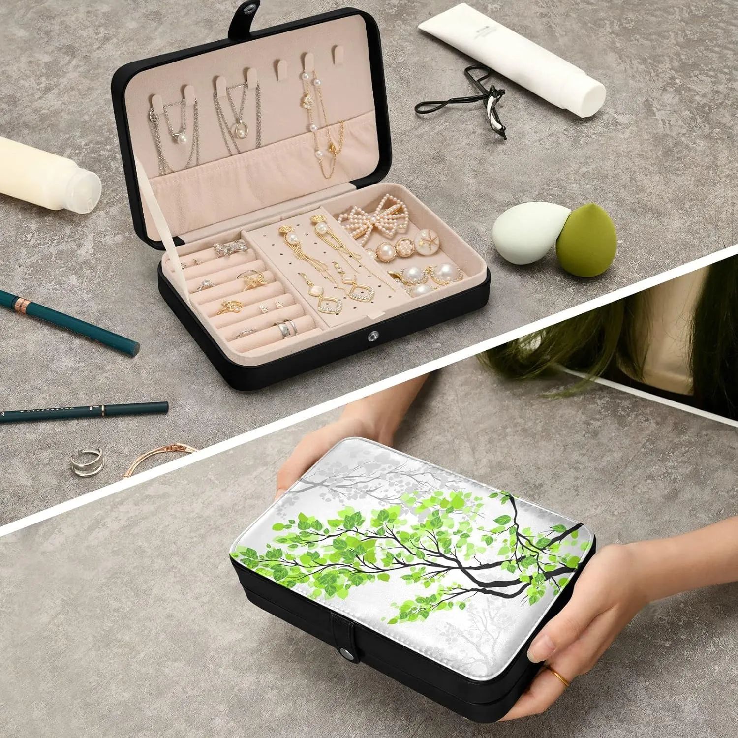 Oyihfvs Tree Branches with Green Leaves on Grey White Pattern Leather Jewelry Bag, Jewelry Storage, Portable Jewelry Organizer Boxes for Women Lady Necklace, Earrings, Rings, Bracelet