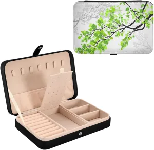 Oyihfvs Tree Branches with Green Leaves on Grey White Pattern Leather Jewelry Bag, Jewelry Storage, Portable Jewelry Organizer Boxes for Women Lady Necklace, Earrings, Rings, Bracelet