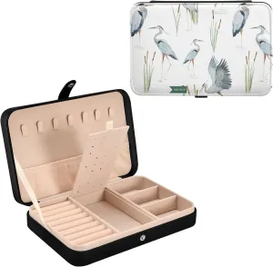 Oyihfvs Watercolor Seamless Pattern with Heron, Reeds on White Background Leather Jewelry Bag, Jewelry Storage, Portable Jewelry Organizer Boxes for Women Lady Necklace, Earrings, Rings, Bracelet