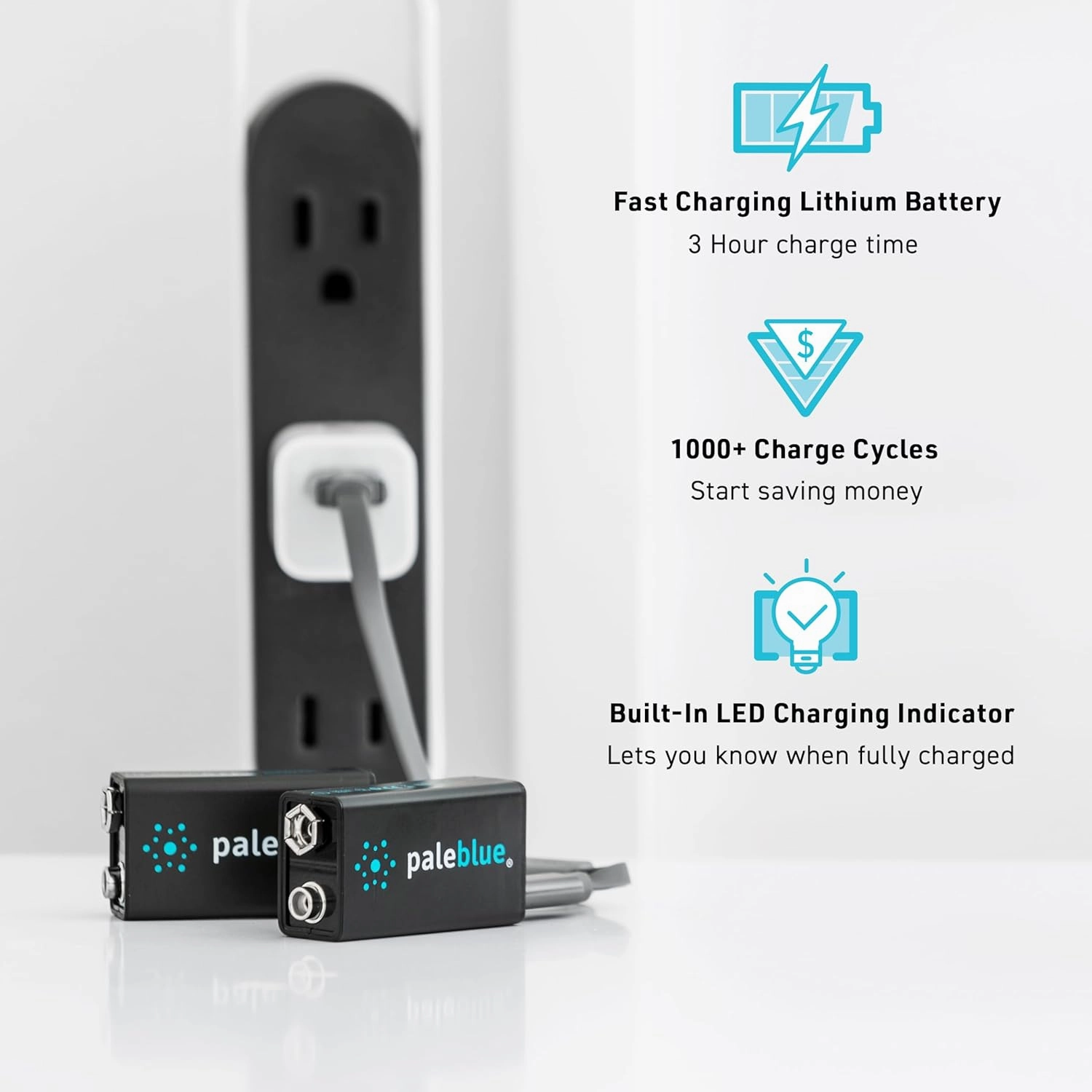 Paleblue USB Rechargeable 9V Batteries (2-Pack) - 4500mWh Lithium Ion, 1000  Charge Cycles, Includes 2-in-1 USB-A to USB-C Charging Cable, LED Charge Indicator, 3.4 Hour Charge Time